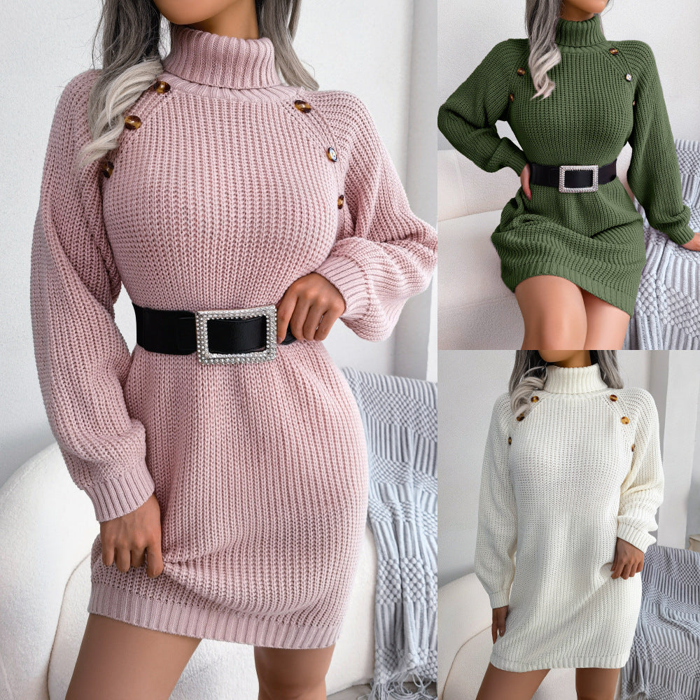 冬のタートルネックボタンデザインの長いセータードレスレジャークリンチ長袖ベースセーターの女性